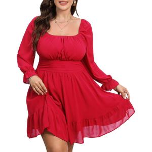 imageByinns Womens 2024 Plus Size Tie Back Square Neck Mini Dress Long Lantern Sleeve Elastic Waist Wedding Guest DressesRed