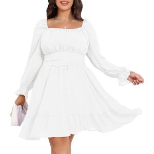 imageByinns Womens 2024 Plus Size Tie Back Square Neck Mini Dress Long Lantern Sleeve Elastic Waist Wedding Guest DressesWhite
