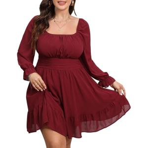imageByinns Womens 2024 Plus Size Tie Back Square Neck Mini Dress Long Lantern Sleeve Elastic Waist Wedding Guest DressesWine Red