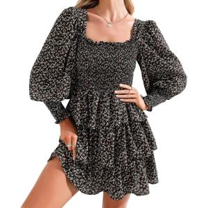 imageByinns Womens 2024 Square Neck Ruffle Dress Long Sleeve Floral Print Tiered Tie Back Layered Swing Mini DressBlack