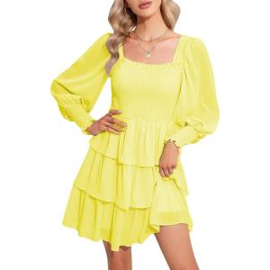 imageByinns Womens 2024 Square Neck Ruffle Dress Long Sleeve Floral Print Tiered Tie Back Layered Swing Mini DressCreamy Yellow