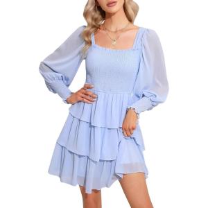 imageByinns Womens 2024 Square Neck Ruffle Dress Long Sleeve Floral Print Tiered Tie Back Layered Swing Mini DressLight Blue