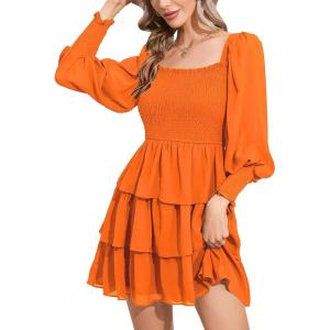imageByinns Womens 2024 Square Neck Ruffle Dress Long Sleeve Floral Print Tiered Tie Back Layered Swing Mini DressOrange Red