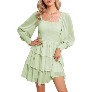 imageByinns Womens 2024 Square Neck Ruffle Dress Long Sleeve Floral Print Tiered Tie Back Layered Swing Mini DressPale Green