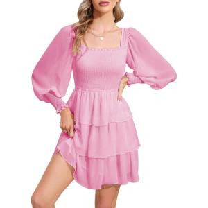 imageByinns Womens 2024 Square Neck Ruffle Dress Long Sleeve Floral Print Tiered Tie Back Layered Swing Mini DressPink