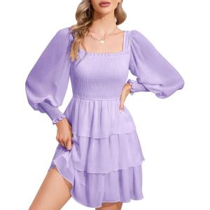 imageByinns Womens 2024 Square Neck Ruffle Dress Long Sleeve Floral Print Tiered Tie Back Layered Swing Mini DressPurple