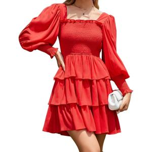 imageByinns Womens 2024 Square Neck Ruffle Dress Long Sleeve Floral Print Tiered Tie Back Layered Swing Mini DressRed