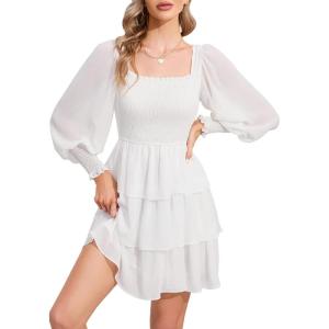 imageByinns Womens 2024 Square Neck Ruffle Dress Long Sleeve Floral Print Tiered Tie Back Layered Swing Mini DressWhite