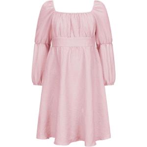 imageEXLURA Casual Long Puff Sleeve Girls Dresses Square Neck A Line Junior Teenage Kids Short Mini Dress Size 615 YearsGray Pink
