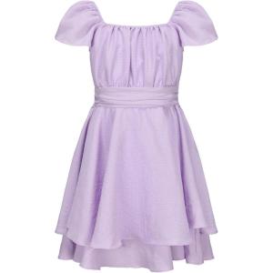 imageEXLURA Casual Short Cap Sleeve Girls Tie Back A Line Ruffle Hem Junior Teenage Kids Short Mini Dress Size 615 YearsPurple