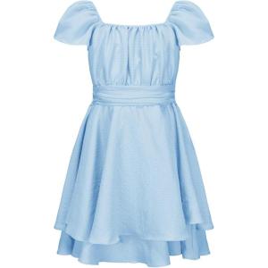 imageEXLURA Casual Short Cap Sleeve Girls Tie Back A Line Ruffle Hem Junior Teenage Kids Short Mini Dress Size 615 YearsSky Blue