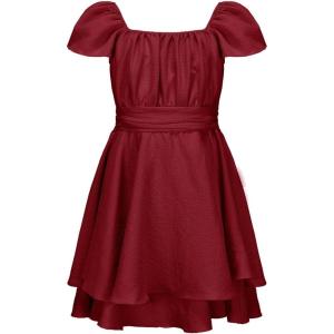 imageEXLURA Casual Short Cap Sleeve Girls Tie Back A Line Ruffle Hem Junior Teenage Kids Short Mini Dress Size 615 YearsWine Red