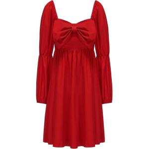 imageEXLURA Girls Big Bow Neck Dress Puff Long Sleeve A Line Kids Wedding Formal Midi Dresses 2024 Princess Pageant Party 615YRed