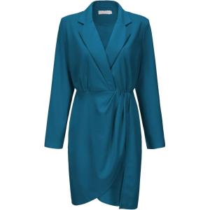 imageEXLURA Womens 2024 Long Sleeve Wrap V Neck Bodycon Formal Work Dress Ruched Cocktail Mini Dress Elegant Teacher Dresses