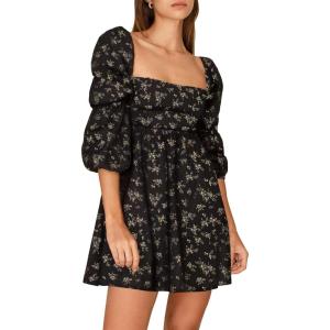 imageEXLURA Womens 2025 Square Neck Dress Long Puff Sleeve ALine Casual Short Mini DressesBlack Floral