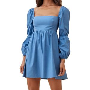 imageEXLURA Womens 2025 Square Neck Dress Long Puff Sleeve ALine Casual Short Mini DressesBlue