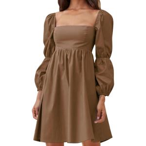 imageEXLURA Womens 2025 Square Neck Dress Long Puff Sleeve ALine Casual Short Mini DressesBrown