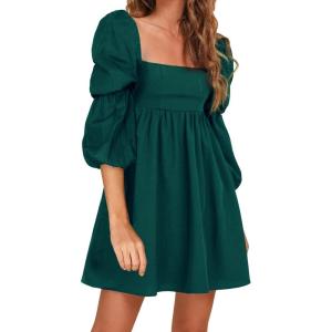 imageEXLURA Womens 2025 Square Neck Dress Long Puff Sleeve ALine Casual Short Mini DressesDark Green