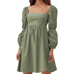 imageEXLURA Womens 2025 Square Neck Dress Long Puff Sleeve ALine Casual Short Mini DressesGreen