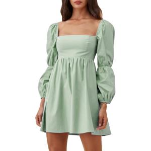imageEXLURA Womens 2025 Square Neck Dress Long Puff Sleeve ALine Casual Short Mini DressesLight Green