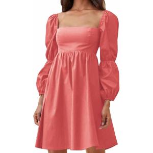 imageEXLURA Womens 2025 Square Neck Dress Long Puff Sleeve ALine Casual Short Mini DressesOrange