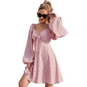 imageEXLURA Womens Knot Front Cocktail Dress Long Puff Sleeve Dress Deep VNeck Swing Mini Dress Pink
