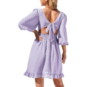 imageEXLURA Womens Puff Elbow Sleeve Drawstring V Neck Mini Dress Ruffle High Waist Tie Back Backless Swiss Dot Keyhole Dress Purple