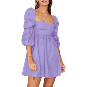 imageEXLURA Womens Square Neck Dress Long Puff Sleeve ALine Casual Short Mini DressesPurple