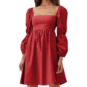 imageEXLURA Womens Square Neck Dress Long Puff Sleeve ALine Casual Short Mini DressesRed