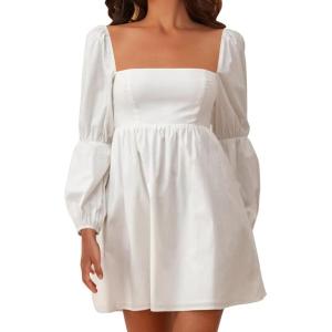 imageEXLURA Womens Square Neck Dress Long Puff Sleeve ALine Casual Short Mini DressesWhite
