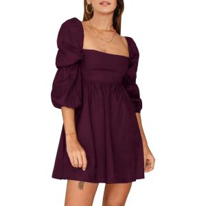 imageEXLURA Womens Square Neck Dress Long Puff Sleeve ALine Casual Short Mini DressesWine