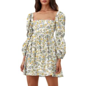 imageEXLURA Womens Square Neck Dress Long Puff Sleeve ALine Casual Short Mini DressesYellow Floral