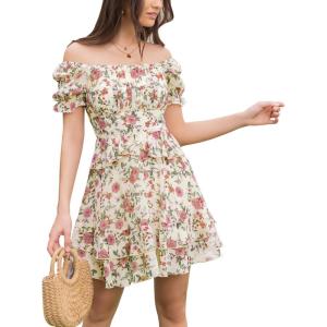 imageEXLURA Womens Summer Dress Floral Ruffle Tiered Square Neck Sundress Short Sleeve Off Shoulder Smocked Mini DressesShortsleeveapricot