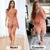 imageEXLURA Womens Summer 2 Piece Matching Shorts Sets Knit Sweater Short Sleeve Top and Shorts Lounge Set Sweatsuits TracksuitsCamel