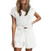 imageEXLURA Womens Summer 2 Piece Matching Shorts Sets Knit Sweater Short Sleeve Top and Shorts Lounge Set Sweatsuits TracksuitsWhite