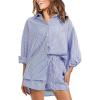 imageEXLURA Womens Summer 2 Piece Sets Long Sleeve Button Down Shirts Matching Short Sets Oversized Spring Vacation Outfits 2025Blue