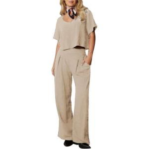 imageEXLURA Womens 2 Piece Lounge Sets Short Sleeve Crop Top Wide Leg Pants Outfits with Pockets 2024 Trendy TracksuitApricot