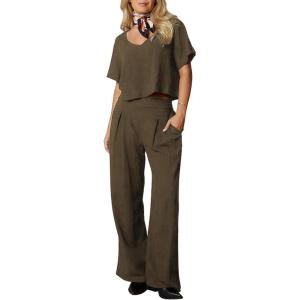 imageEXLURA Womens 2 Piece Lounge Sets Short Sleeve Crop Top Wide Leg Pants Outfits with Pockets 2024 Trendy TracksuitArmy Green