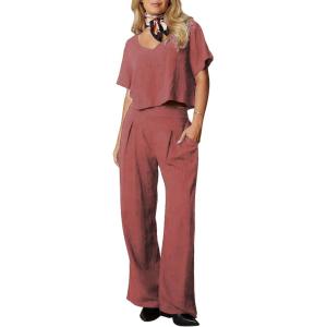 imageEXLURA Womens 2 Piece Lounge Sets Short Sleeve Crop Top Wide Leg Pants Outfits with Pockets 2024 Trendy TracksuitBrick Red