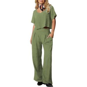 imageEXLURA Womens 2 Piece Lounge Sets Short Sleeve Crop Top Wide Leg Pants Outfits with Pockets 2024 Trendy TracksuitGray Green