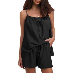 imageEXLURA Womens 2024 2 Piece Pajama Set Sleeveless Top and Shorts Set Loungewear Sleepwear Sets with Pockets Summer Pjs SetsBlack