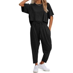 imageEXLURA Womens Summer 2 Piece Outfits Short Sleeve Crop Top and Jogger Pants Loose Pajama Lounge Matching Sets Tracksuit 2024Black