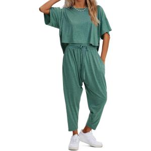 imageEXLURA Womens Summer 2 Piece Outfits Short Sleeve Crop Top and Jogger Pants Loose Pajama Lounge Matching Sets Tracksuit 2024Green