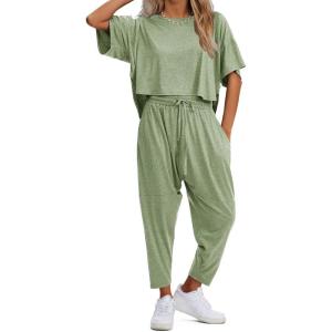 imageEXLURA Womens Summer 2 Piece Outfits Short Sleeve Crop Top and Jogger Pants Loose Pajama Lounge Matching Sets Tracksuit 2024Grey Green