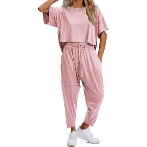 imageEXLURA Womens Summer 2 Piece Outfits Short Sleeve Crop Top and Jogger Pants Loose Pajama Lounge Matching Sets Tracksuit 2024Pink