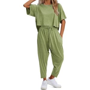imageEXLURA Womens Summer 2 Piece Outfits Short Sleeve Crop Top and Jogger Pants Loose Pajama Lounge Matching Sets Tracksuit 2024Yellow Green