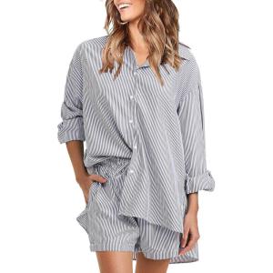 imageEXLURA Womens Summer 2 Piece Sets Long Sleeve Button Down Shirts Matching Short Sets Oversized Spring Vacation Outfits 2025Black