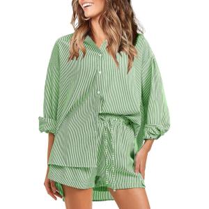 imageEXLURA Womens Summer 2 Piece Sets Long Sleeve Button Down Shirts Matching Short Sets Oversized Spring Vacation Outfits 2025Dark Green
