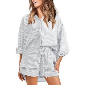 imageEXLURA Womens Summer 2 Piece Sets Long Sleeve Button Down Shirts Matching Short Sets Oversized Spring Vacation Outfits 2025Grey