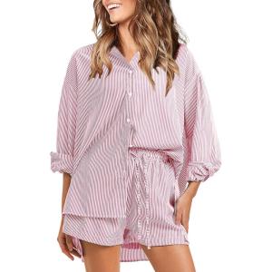 imageEXLURA Womens Summer 2 Piece Sets Long Sleeve Button Down Shirts Matching Short Sets Oversized Spring Vacation Outfits 2025Red